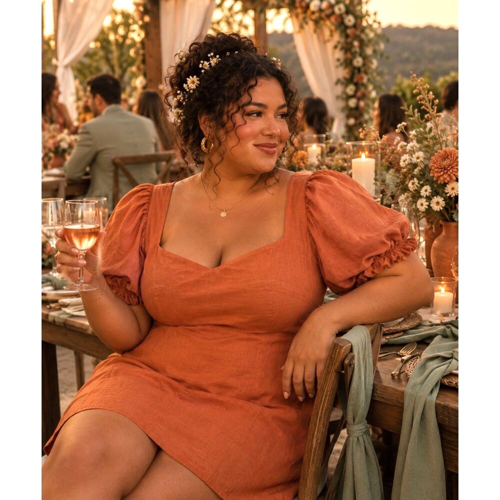 Amalie Linen Puff Sleeve Mini Dress Rust Terracotta Size 16 boho cottage core